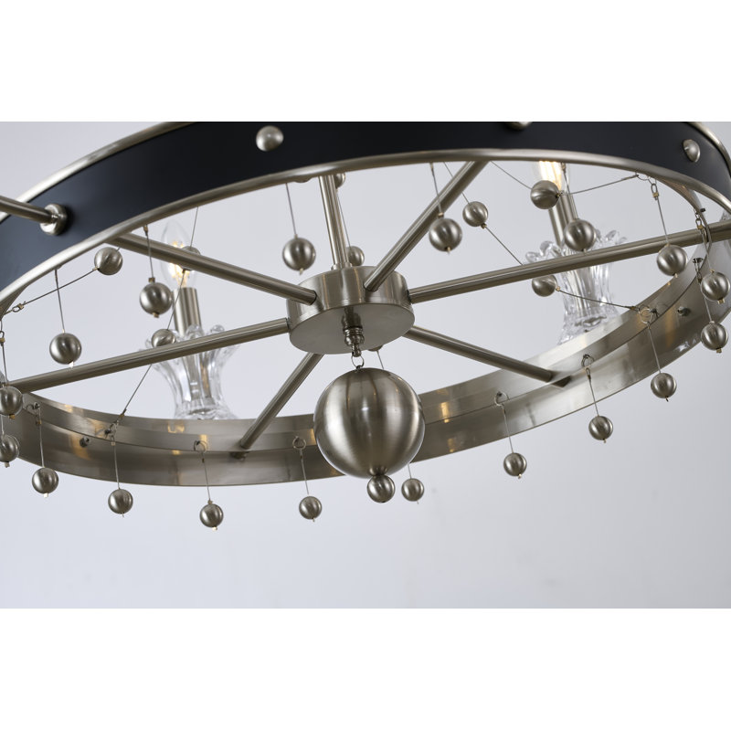 Lustre 6 lumières en nickel satiné et noir avec détails en verre transparent