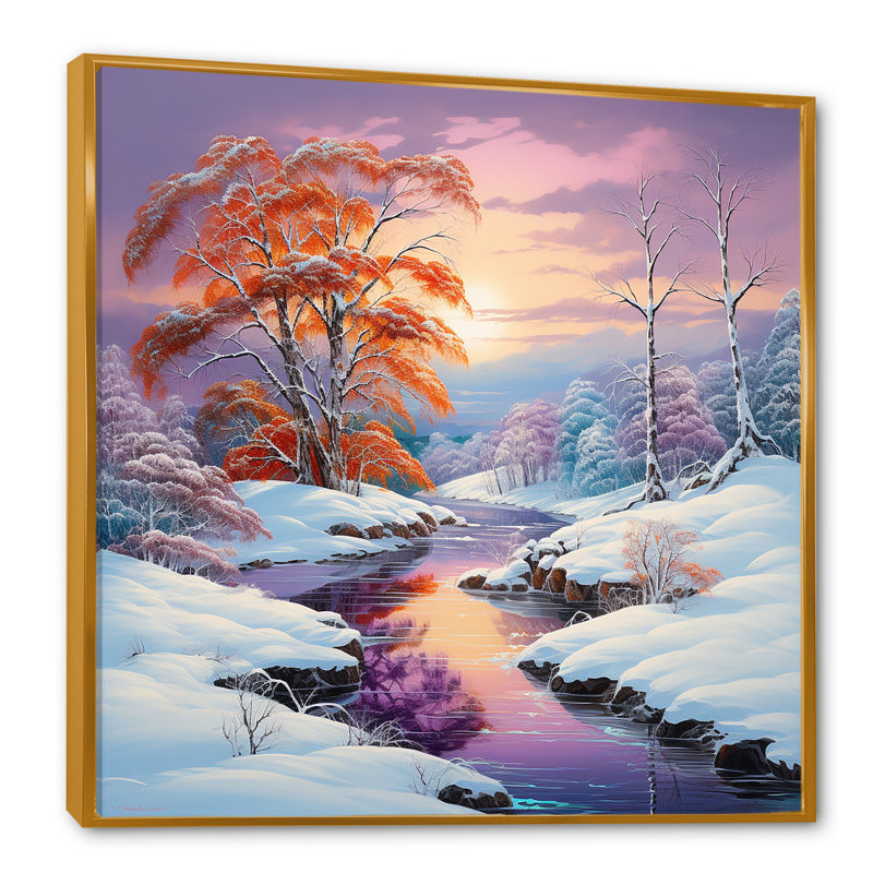 «Winter River Sunset and Snow Charm I», reproduction sur toile, Cadre flottant doré, H 36 po x l 36 po x P 1,5 po