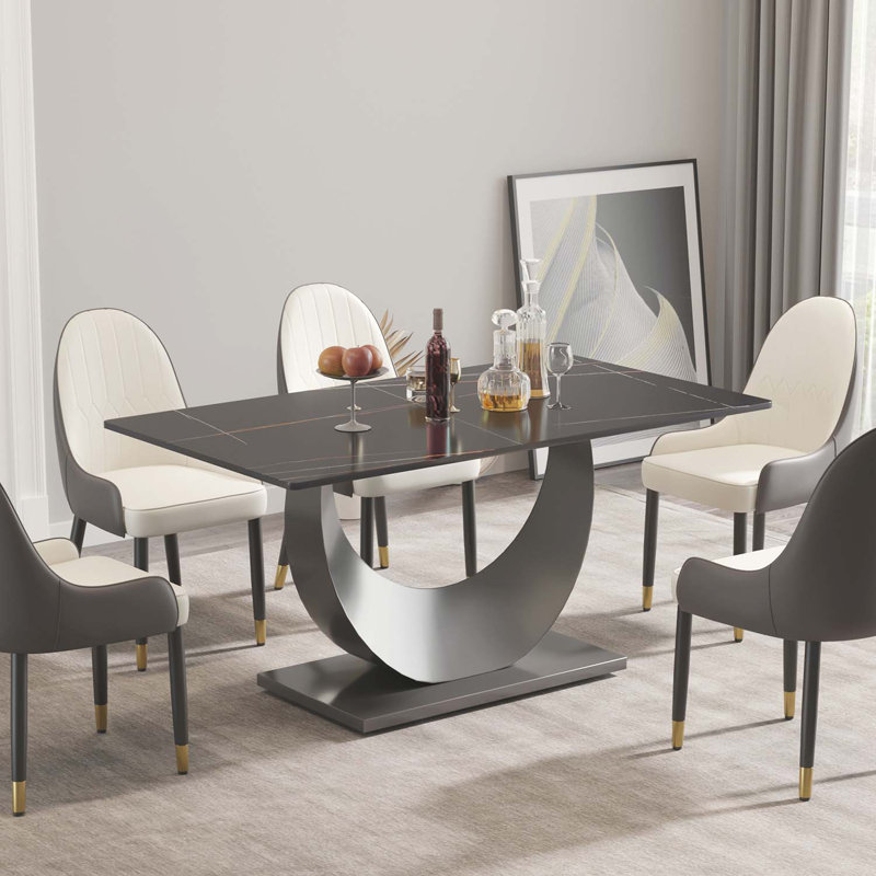 Kentrez Stone Top Metal Base Dining Table, 35.43" W x 63" L, Black