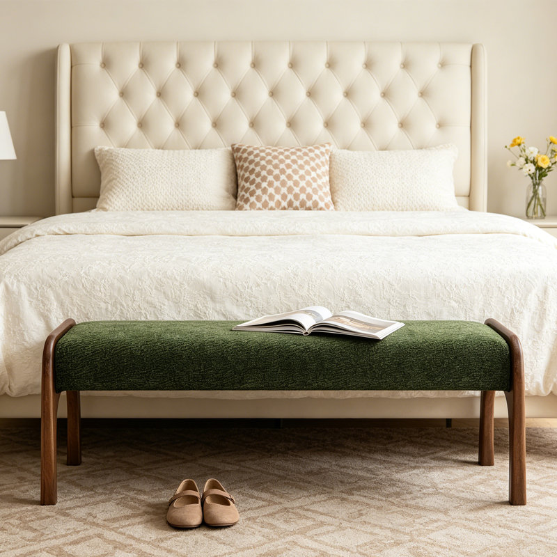 Chenille Upholstered Bench With Solid Wood Leg, Green