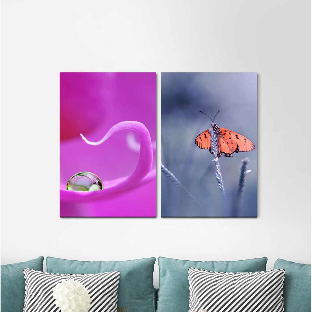 2-tlg. Leinwandbilder-Set - Fotografie „Spring Water Drops Purple Blossom Butterfly”