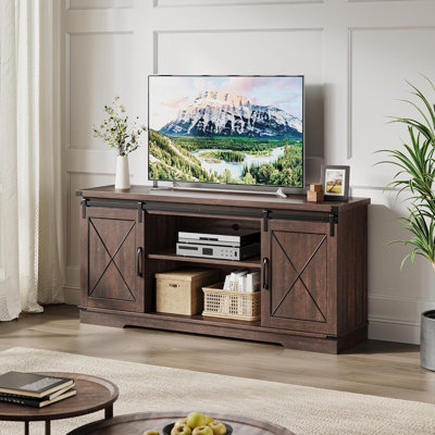 Meuble télé avec console en bois d'ingénierie avec portes de grange coulissantes, l 59 po pour téléviseur de 65 po ou moins, style maison de campagne pour le salon