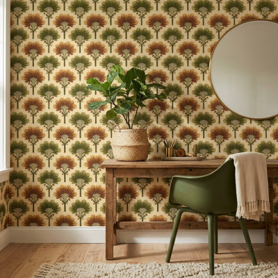 Vintage Floral Wallpaper Stylized Botanical Fan Shaped Flowers Decorative Mural