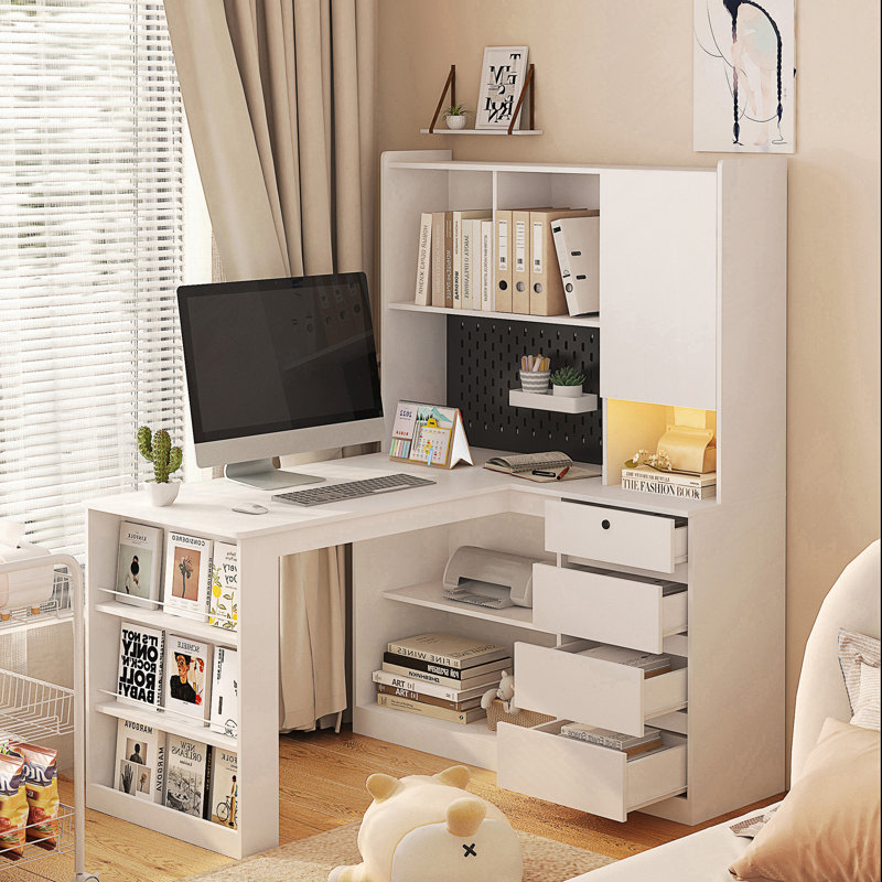 Bureau en L avec éclairage à DEL, bureau d'ordinateur avec tiroirs, bureau d'angle moderne, table d'écriture