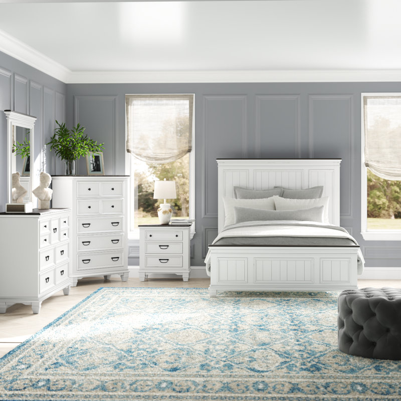 Semaj Wood Bedroom Set With Shiplap Panel, Weathered White, Queen, 5 Pieces: Bed,Dresser,Mirror,Nightstand,Chest
