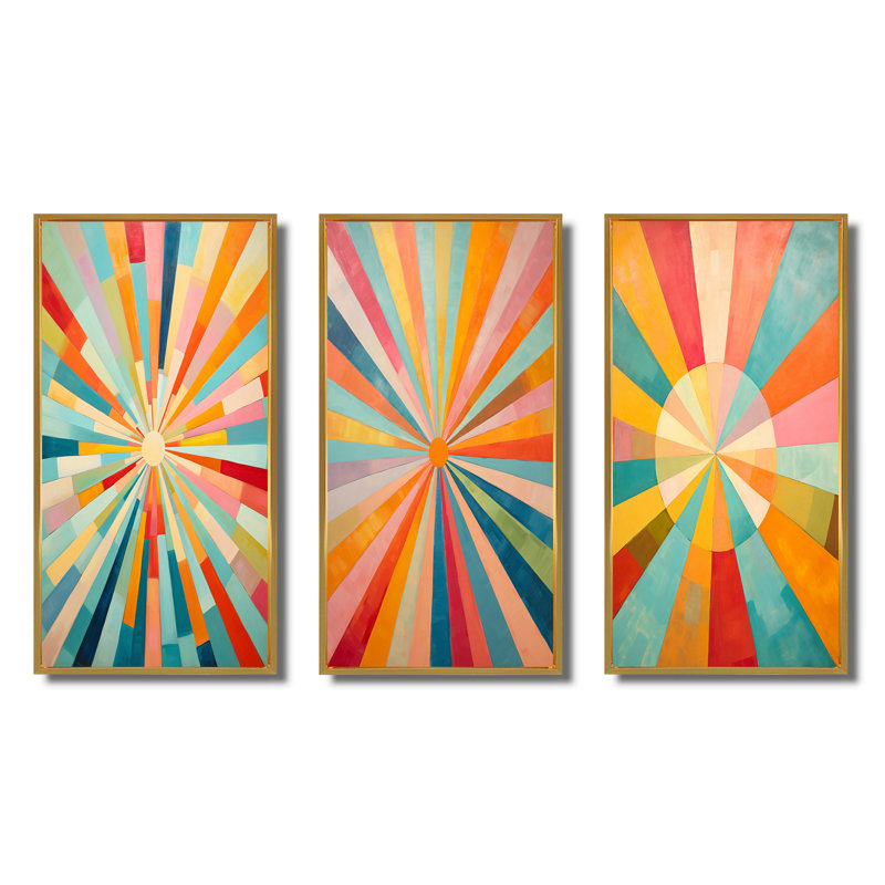 «Colorful Mid Century Optique Serenade», 3 pièces, Cadre flottant doré, H 32 po x l 48 po