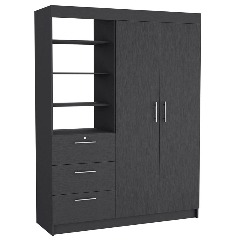 Armoire 3 tiroirs Kenya, double porte, 3 niveaux, Noir