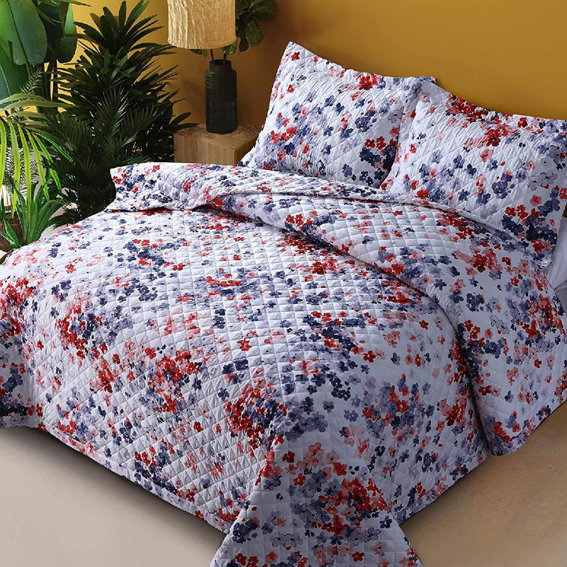Sateen Floral Quilt, King Quilt + 2 King Shams, Purple