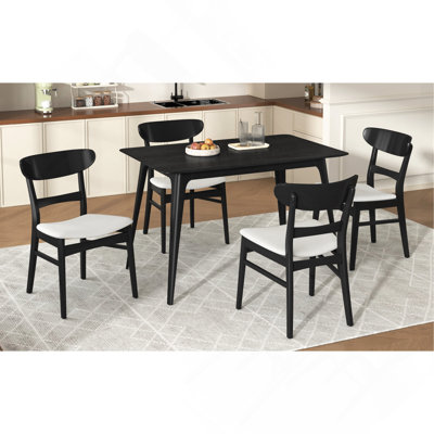 Ensemble de salle à manger 5 pièces de style Mid-Century moderne, structure en bois d'hévéa, une table et 4 chaises rembourrées, noir et beige clair