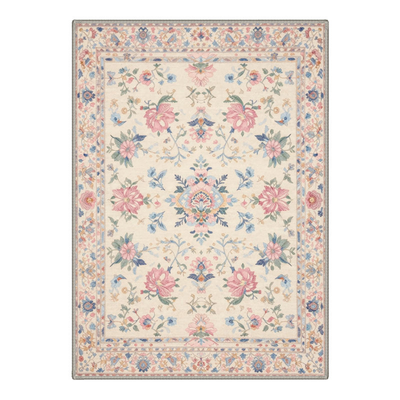Allsop Vintage Floral Machine Washable Blush Rose / Beige Indoor Area Rug With Non-Slip Backing, Rectangle 9' x 12'