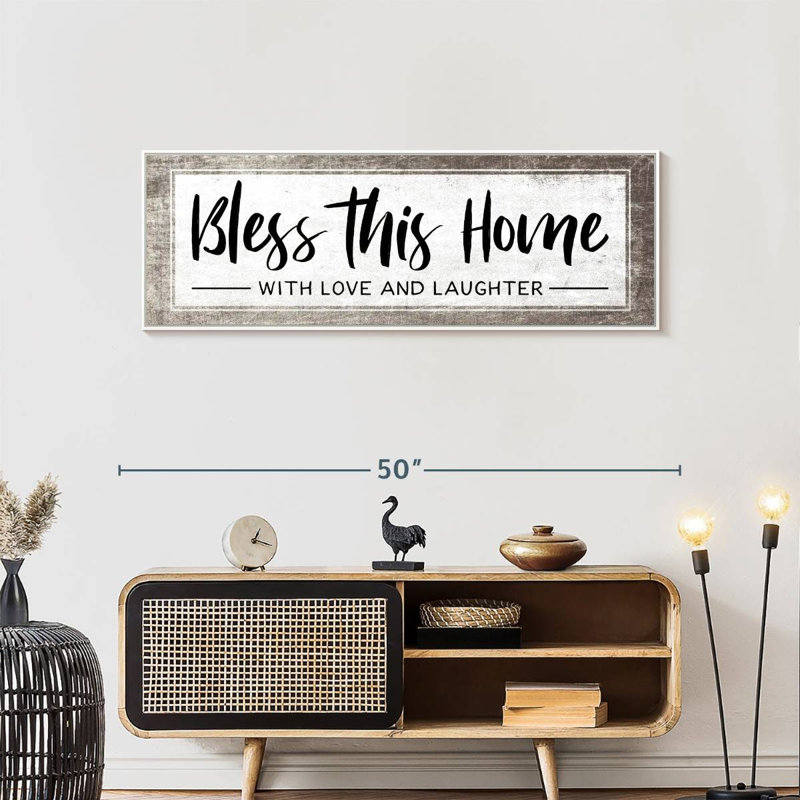 Plaque murale «Bless This Home», 46 po x 16 po, Cadre flottant blanc