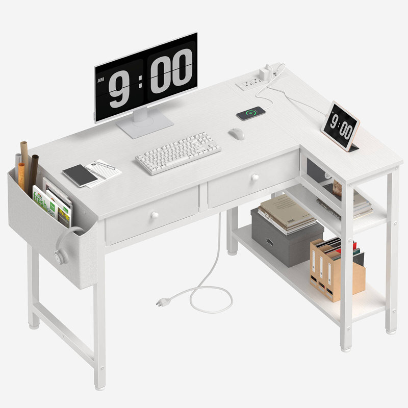 White L Shaped Computer Desk With Drawers & Storage Shelves