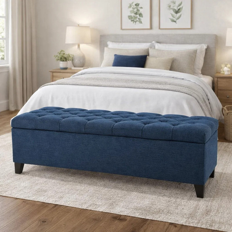 Banc de rangement en tissu Amalfi, Polyester bleu foncé, 17" H x 51" W x 17.5" D