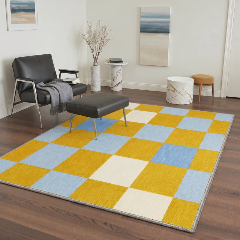 Liadan Gridlock Geometric Checkerboard Machine Washable Yellow / Blue / Beige Indoor Area Rug with Non-Slip Backing, Round 5'