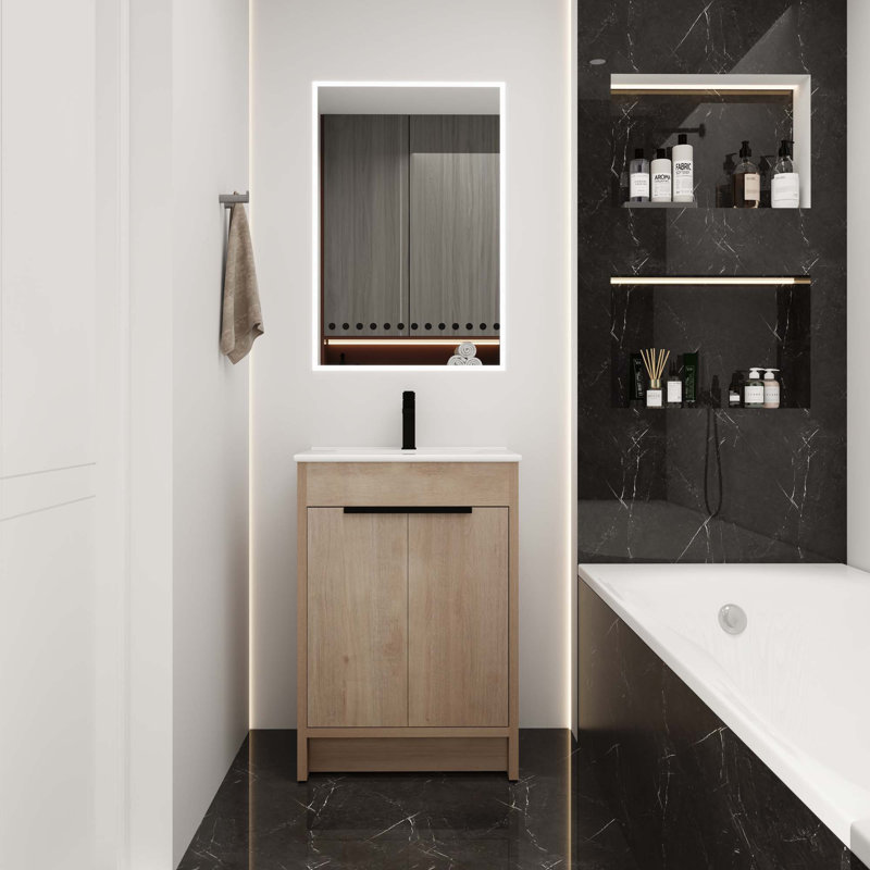 Meuble-lavabo autoportant avec lavabo en céramique, Blanc, Chêne clair uni, 24"