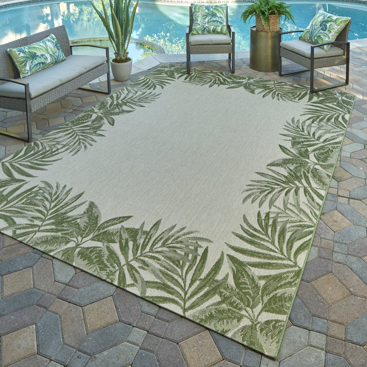 Angeline Tropic Green Palm Border Indoor/Outdoor Flatweave Area Rug