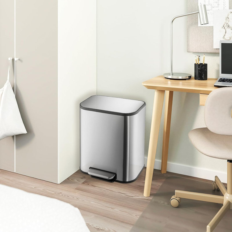 Stainless Steel Rectangular Garbage Can with Soft-Close Lid & Removable Inner Basket, Heavy Duty Hands-Free Odor-Proof Step Trash Can