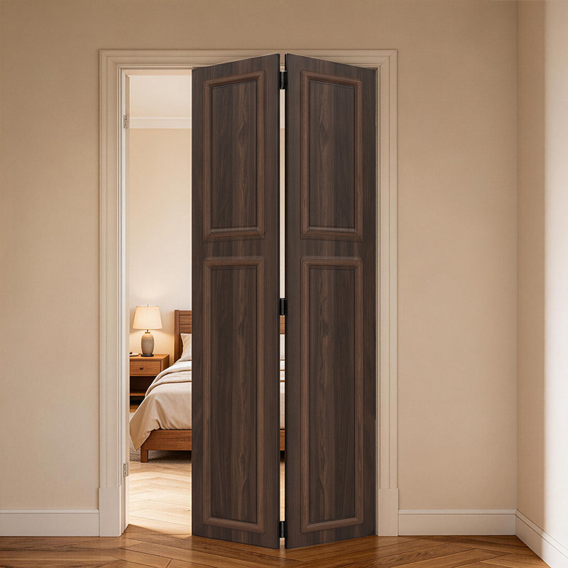 Série 18 20 po x 80 po Porte pliante en panneau de fibres à densité moyenne à 2 panneaux de 3/4 couleur noyer avec quincaillerie 3/4 po