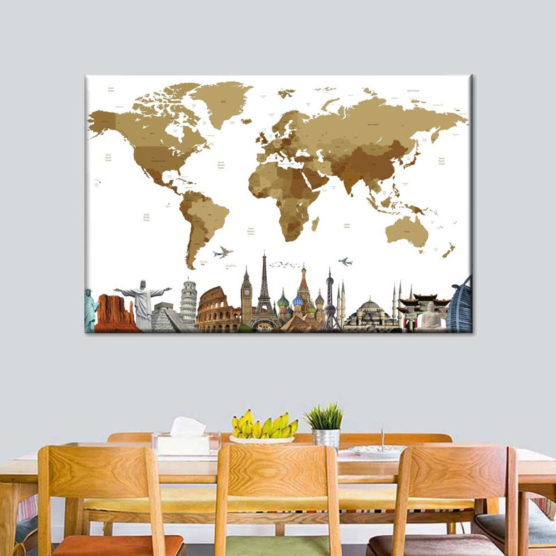 Carte du monde en bronze sur toile, H 8 po x l 12 po x P 1 po