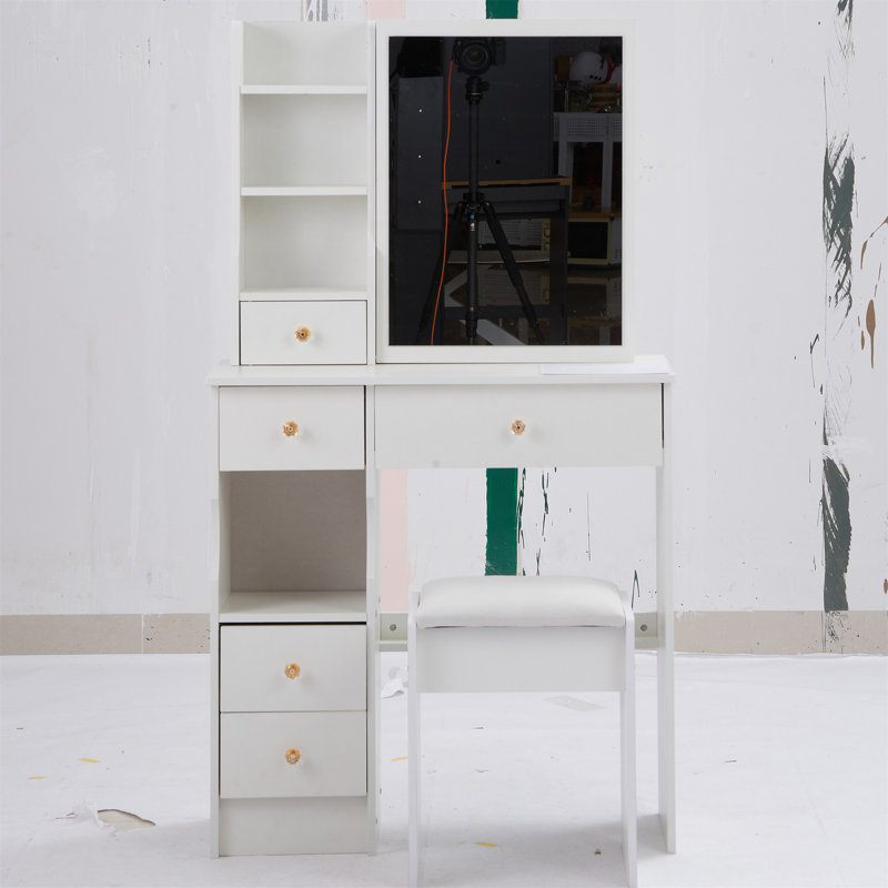 Petit meuble-lavabo de 29,2 po avec tabouret de bureau et tabouret rembourré, très grand miroir coulissant à droite, rangement multi-couches à grande capacité, commode pratique et pratique, convient aux petits espaces