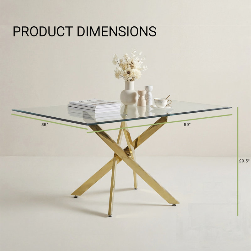 Table rectangulaire moderne en verre trempé avec cadre doré, idéale pour la salle à manger, le bureau et les espaces de vie