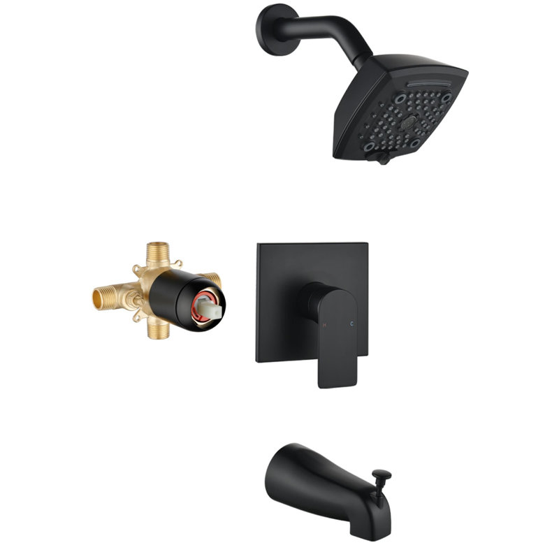 Wall Mount Tub Shower System Single Handle Complete Shower Faucet Kit Brass Shower Trim Kit With Rough-In Valve, Matte Black