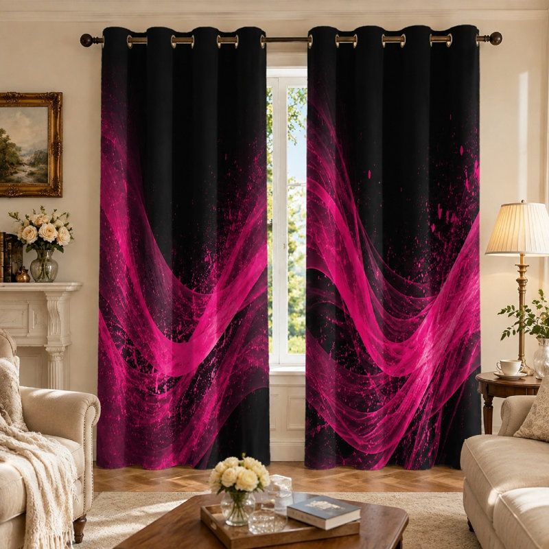 Ensemble de 2 rideaux occultants à motif vague abstrait, design moderne et vibrant rose vif, œillets pour économiser l'énergie et bloquer la lumière, parfaits pour la décoration du salon (Home Dector).