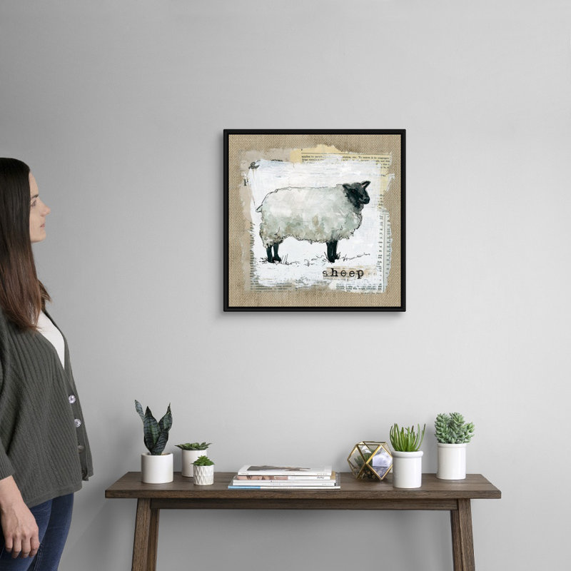 " Burlap Sheep ", 21.7" H x 21.7" W x 1.75" D, Black Floater Framed