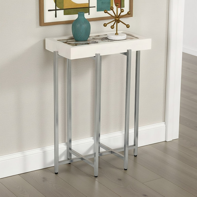 Table d'appoint avec cadre en pierre et base en métal, Plateau en agate blanche / base en chrome