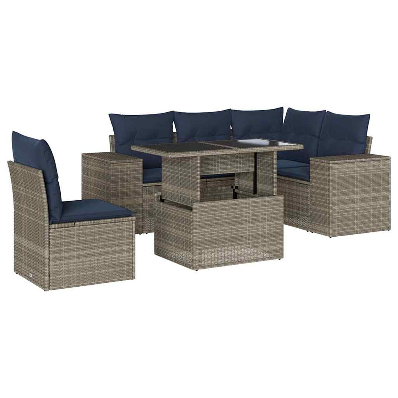 6 Piece Patio Sofa Set With Cushions Poly Rattan, Grey, Navy