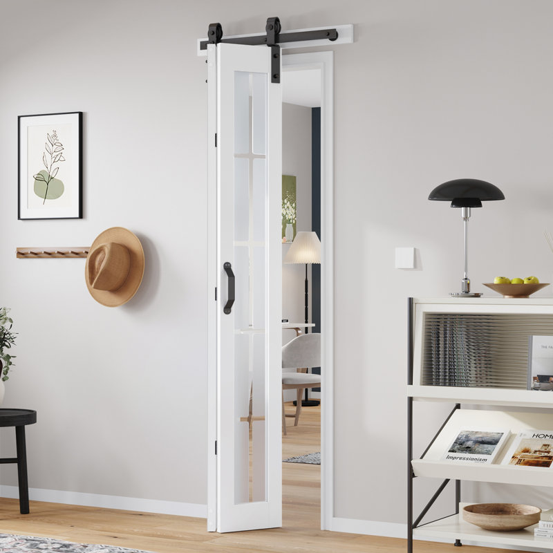 Porte de grange pliante 84 po en bois manufacturé et en verre blanc français avec quincaillerie d'installation, 24 po x 84 po
