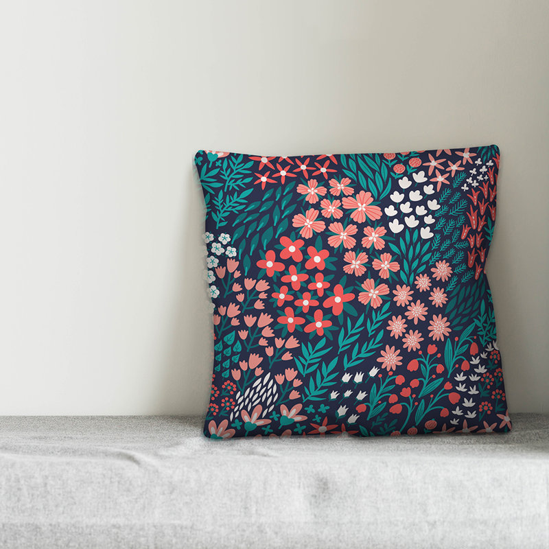 Coussin intérieur/extérieur Floral, 16 po x 1 po, Pas de bourre, Vert, orange et rouge