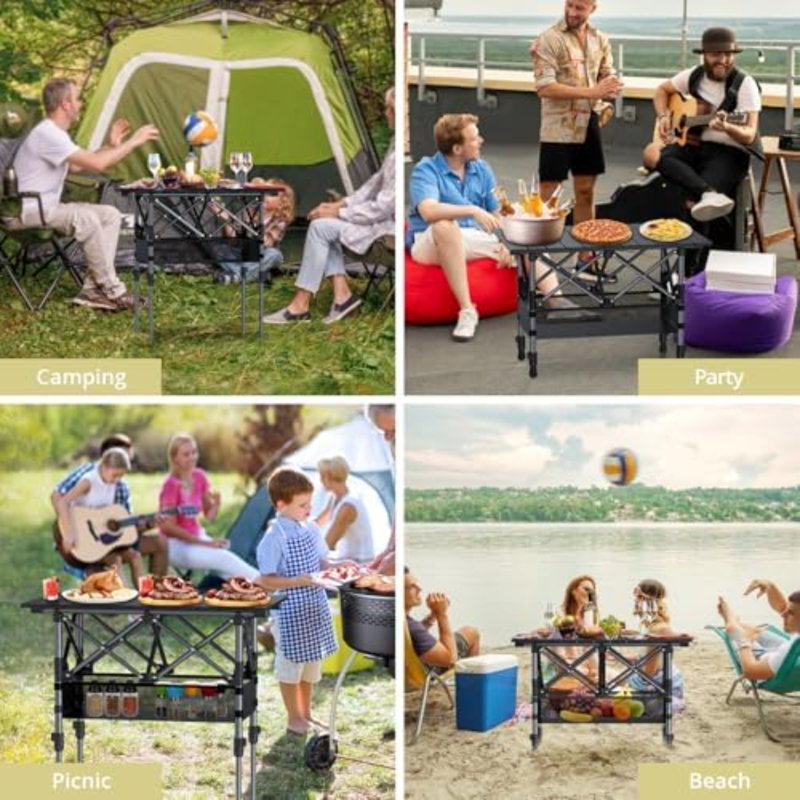 Table de camping pliante compacte de 60 cm (2 pi), en aluminium portable, 63,5 cm x 40,6 cm (25 po x 16 po), noire | 2 hauteurs ajustables, avec filet et sac de rangement, imperméable, table pliante légère idéale pour cuisiner en plein air, barbecue, pique-nique et autres activités de plein air.