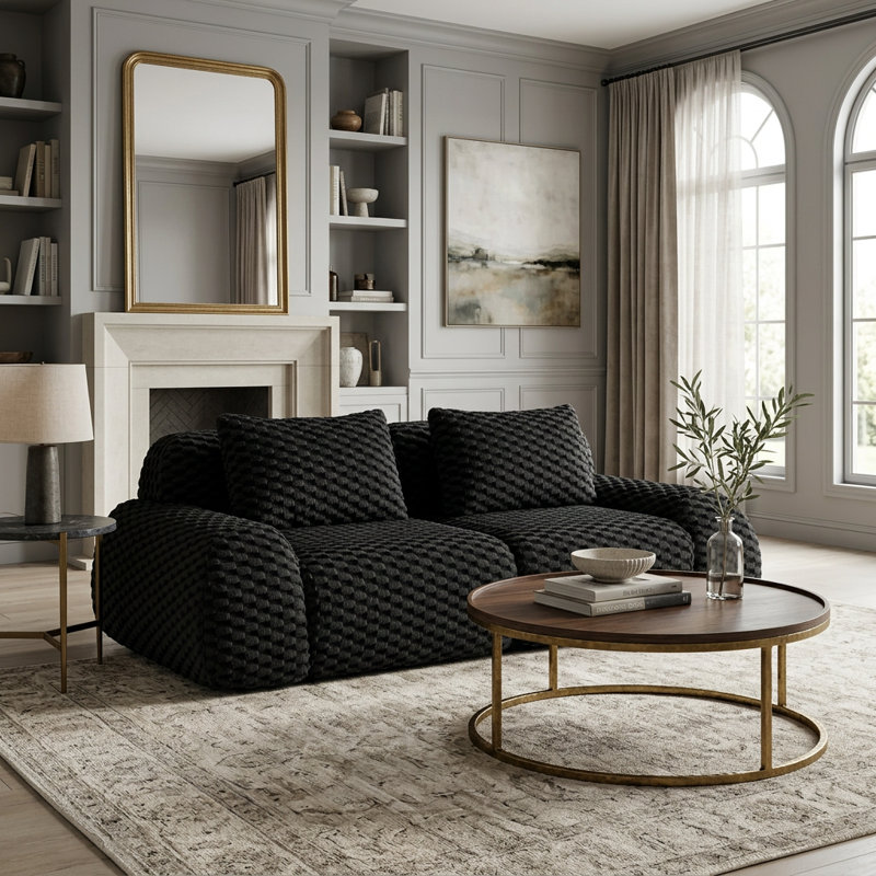 Canapé de cinéma modulaire 82,8 po, canapé sans accoudoirs 2 places en tissu de flanelle, sans assemblage, Noir