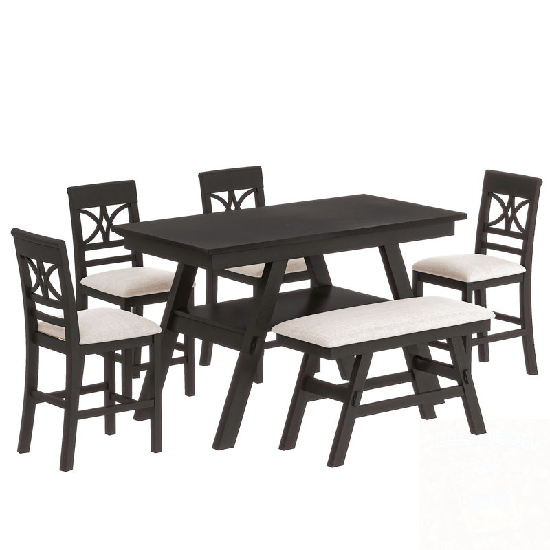 Ensemble de table de salle à manger 6 pièces en bois avec tablette de rangement, 1 banc et 4 chaises, Espresso