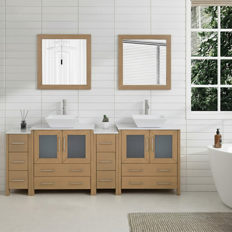  Ensemble de meuble-lavabo double 84 "avec miroir Modern, Chêne naturel
