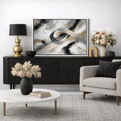 Œuvre abstraite de composition de fluide beige noir, images de salon contemporain, impression sur toile encadrée