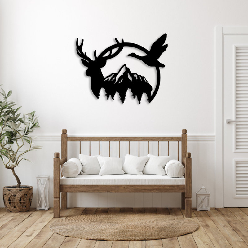 Art mural en métal montagne canard et cerf, Noir, H 27 po x l 36 po x P 0,12 po