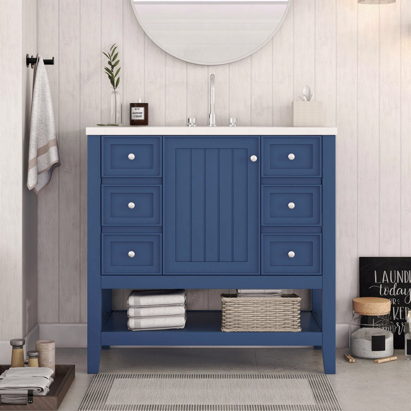 Meuble-lavabo 36 po avec lavabo, une armoire et trois tiroirs, Bleu