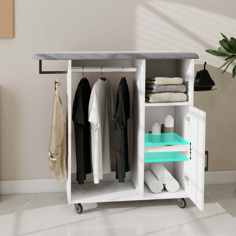 Chariot à repasser avec planche à repasser roulante, armoire à repasser polyvalente avec roues, solution de repassage compacte pour la salle de lavage, la chambre à coucher, le vestiaire