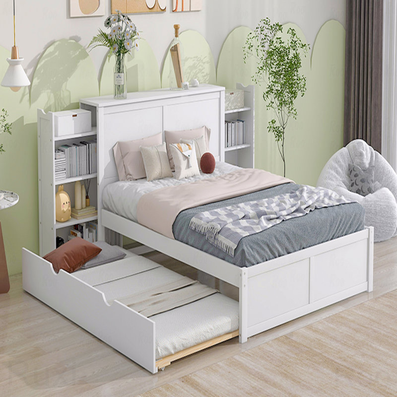 Grand lit plateforme avec rangement, tablettes coulissantes, lit gigogne simple TG