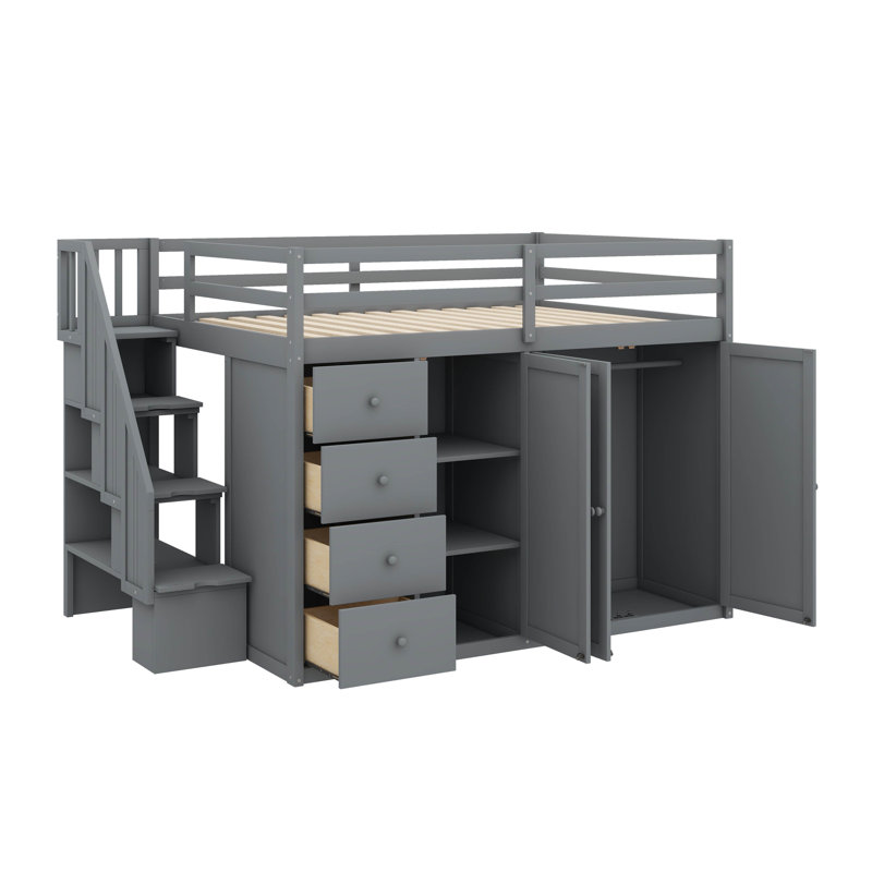 Full Size Wooden Loft Bed Equipped With Built-In Closets, Various Storage Compartments And Drawers For Bedroom, Gray