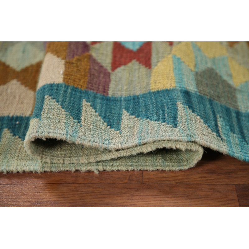 Geometric Kilim Reversible Wool Runner Rug 3x9