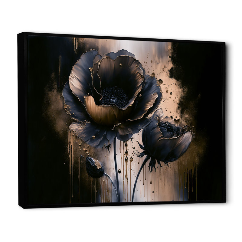 «Black and Gold Popy Flowers I» - reproduction sur toile, H 30 po x l 40 po x P 1,5 po, Cadre flottant noir