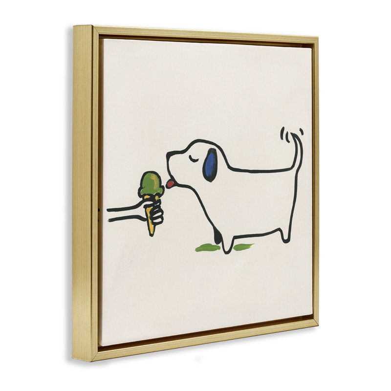 «Dog & Ice Cream», art mural encadré sur toile flottante par June Erica Vess, Cadre flottant métallique doré