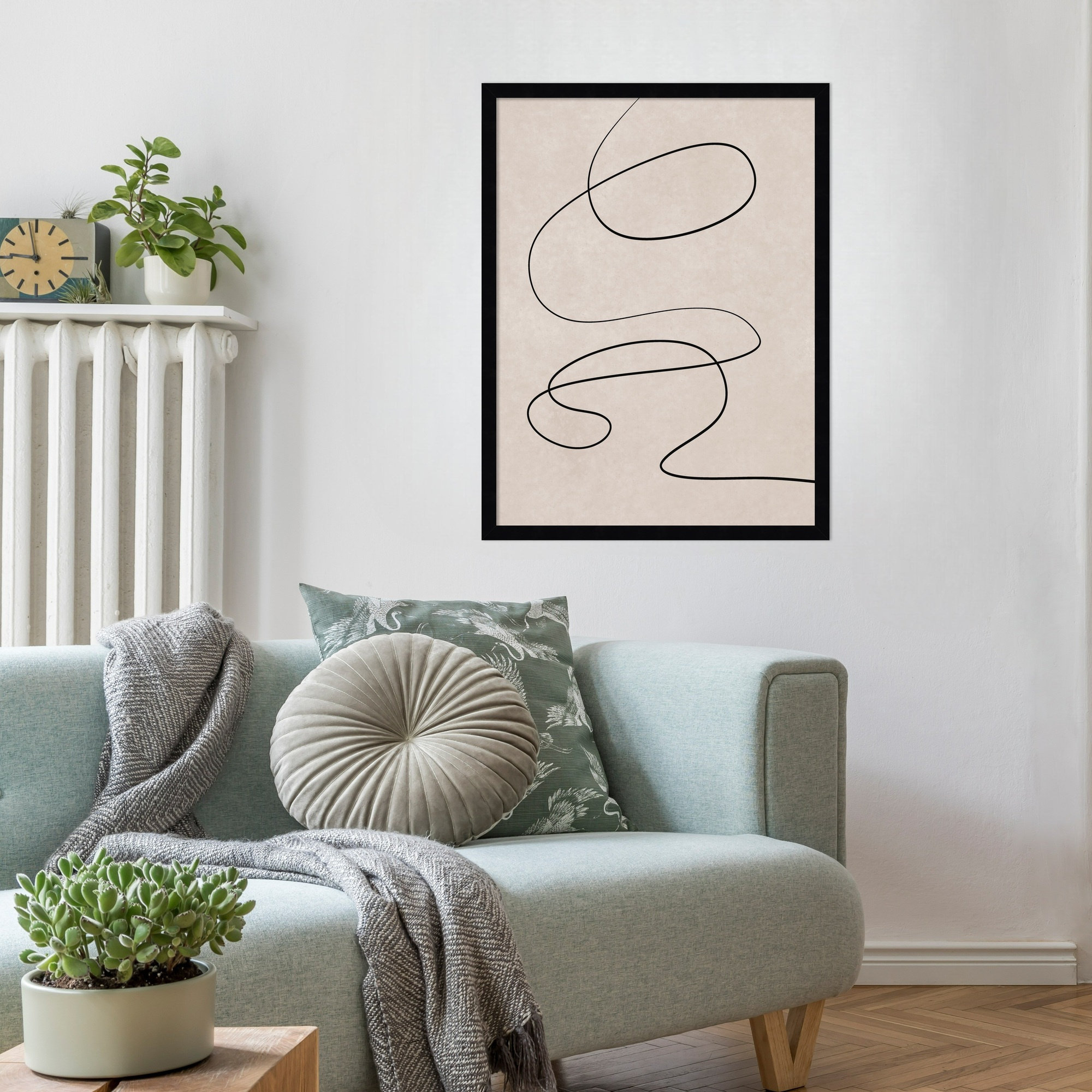 Black Line and Textured Beige Background by Little Dean Wood Framed Wall Art Print, 25" H x 19" W, Black