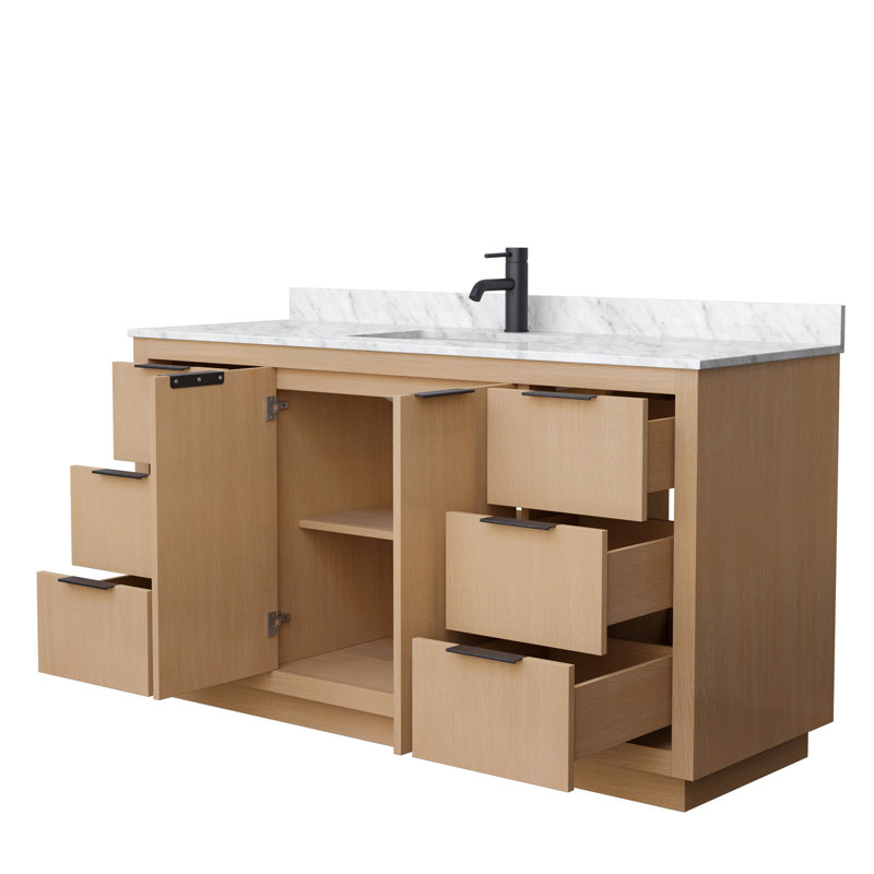 Light Straw Oak Single Bathroom Vanity with White Marble Top
