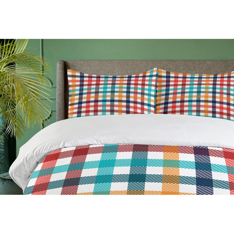 Colorful Gingham Plaid Queen Duvet Cover Set with Pillow Shams