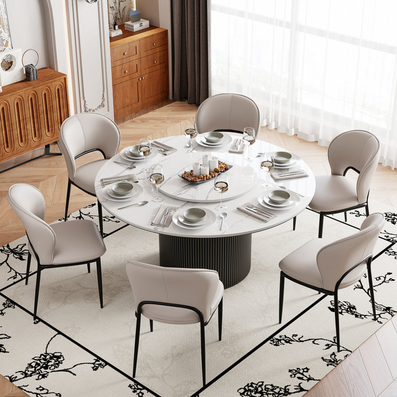 Ensemble de table de salle à manger moderne 59 po avec 6 chaises, table en pierre frittée blanc brillant avec pieds en bois noir, chaises en similicuir