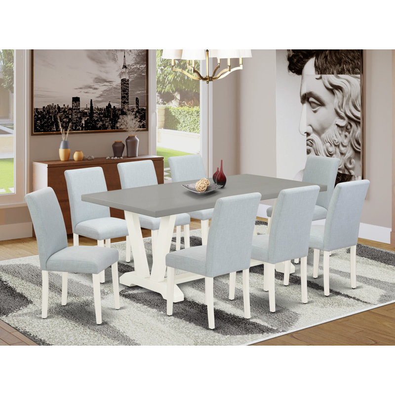 Acacia Solid Wood Dining Set, Baby Blue, 9 Pieces: Table, 8 Chairs, 30" H x 72" L x 40" W